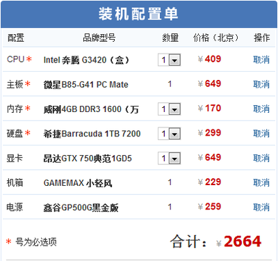 配电脑清单中关村
